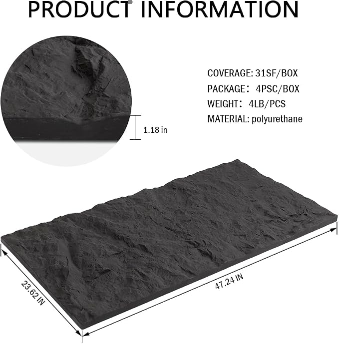 4-Pack 3D Faux Stone Wall Panels Rock Wall Panel Dark Black | 47.24"*23.62" PU Stone Wall Panels for Interior Decor, Lightweight & Waterproof - Image 3