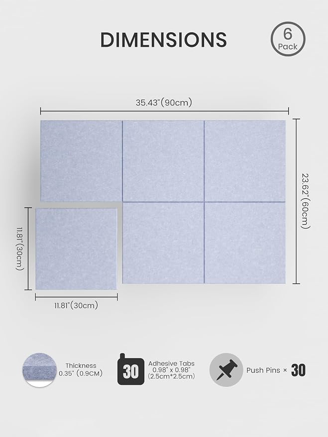 Bumusty 36"x 24" Large Felt Bulletin Board Tiles, Soft Periwinkle | 6-Pack Cork Board Alternative, Wall Decor, 30 Pushpins, 30 Adhesive Tabs, Vision Board, Office, Classroom, Home, Dorm - Image 2