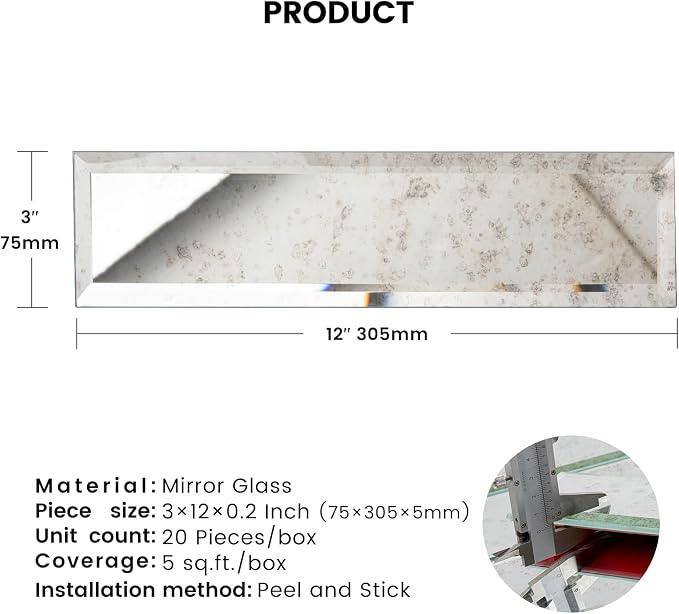 Peel and Stick Light Antique Mirror Glass Subway Tile 3 x 12 Inch - Image 2