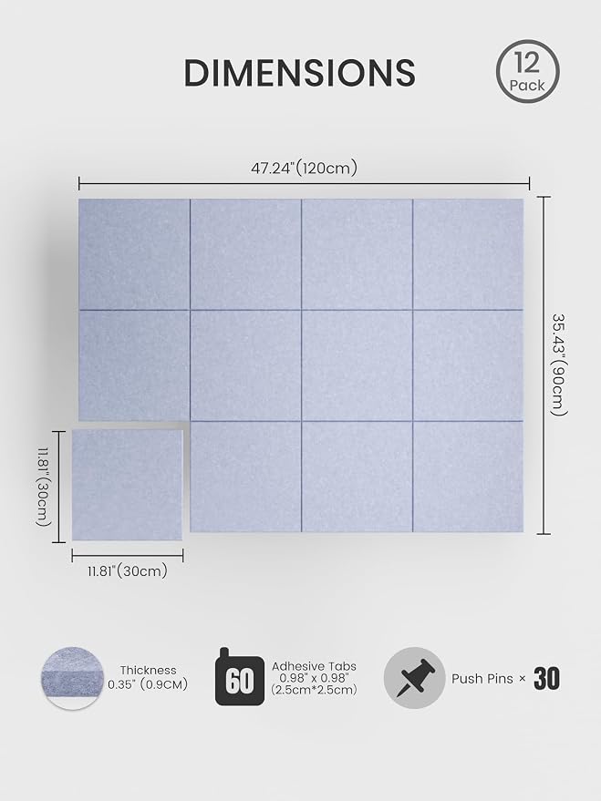Bumusty 48"x 36" Large Felt Bulletin Board Tiles, Soft Periwinkle | 12-Pack Cork Board Alternative, Wall Decor, 30 Pushpins, 60 Adhesive Tabs, Vision Board, Office, Classroom, Home, Dorm - Image 2
