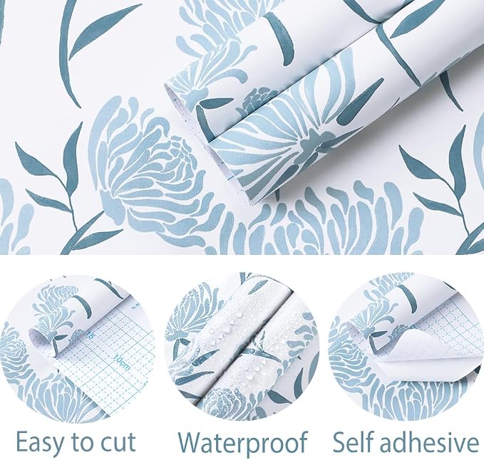 Hopepak 17.3" x 78.7" Peel and Stick Wallpaper Floral Contact Paper Blue Wall Paper Modern Self Adhesive Removable Vinyl Wallpaper for Bedroom - Image 4