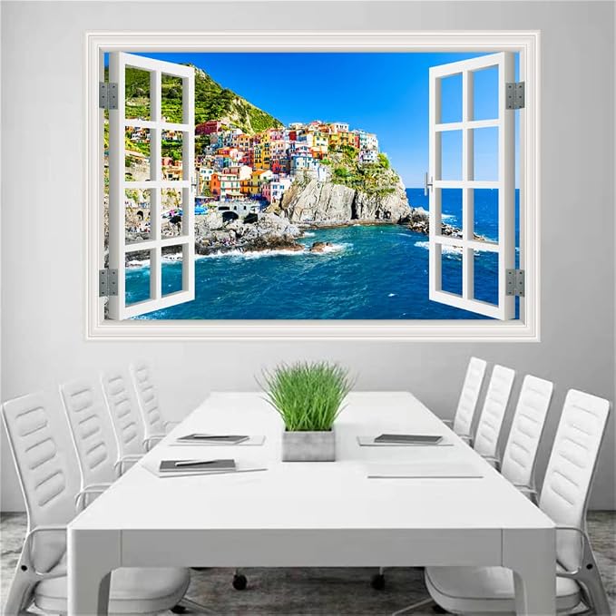 Self-Adhesive Wall Sticker Romantic Living Room Bedroom Study Office Decorative Wall Sticker Ocean Scenery Fake Window Sticker Mural (17.3"×27.6", sea City) - Image 4
