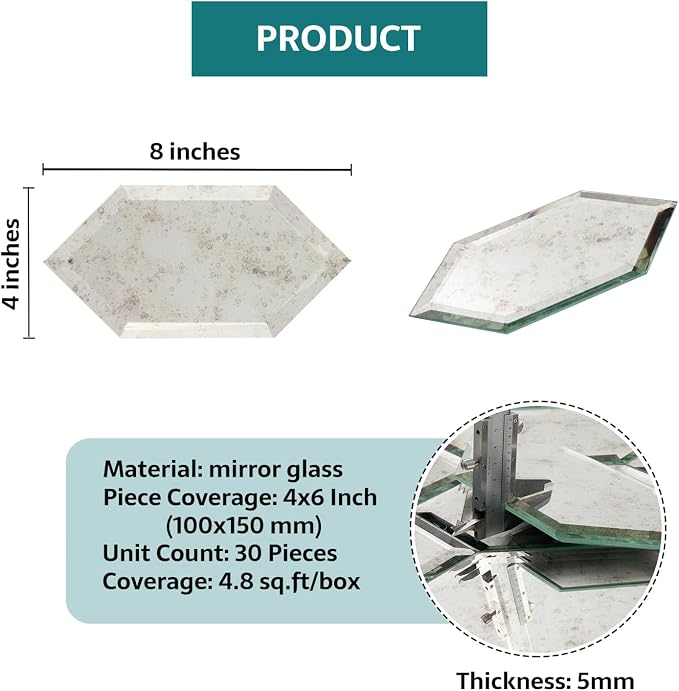 Peel and Stick Beveled Mirror Tile, Mirror Backsplash Tiles for Kitchen Bathroom Wall 4x6 Inch Long Hexagon Light Antique 30 Pcs, 4.8 SQ.FT - Image 3