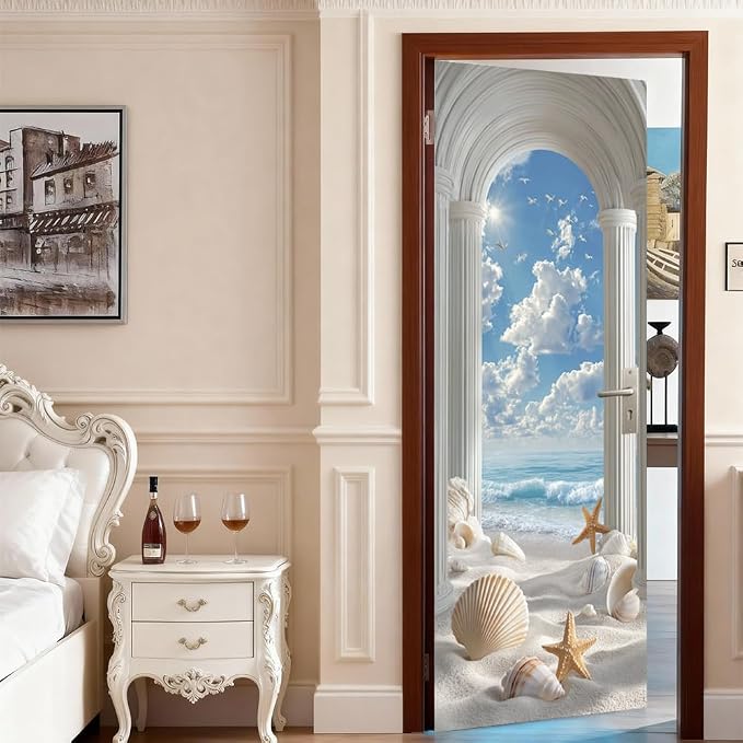 Roman Arch Seashell Beach Door Mural Peel and Stick 30.3x78.7in | 30.3x78.7in Roman arch seashell ocean door mural peel and stick; removable self-adhesive door decal for home decor - Image 3