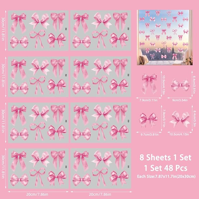 Arawat 8Sheets/48 Pcs Pink Coquette Bow Room Decor for Bathroom Women Bedroom Aesthetic Room Decor Bow wall Decoration for Bedroom Pink Bows wall Stickers Decals Peel and Stick - Image 7