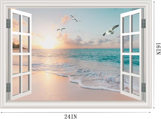 Fake Window Wall Mural Sticker -Summer Sunset Beach Open Wall Art Decal | Faux Window Natural Scenery Landscape Decorations｜Stick and Peel Decals｜for Room Bedroom Office Scene Picture Decor｜24"x16" - Image 4