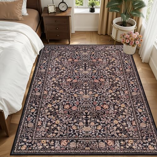 6x9 Area Rug Living Room: Soft Floral Washable Boho Carpet Brown - Image 3