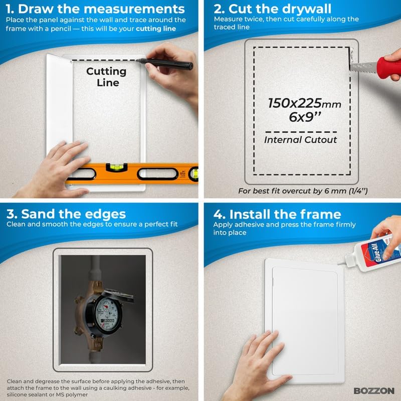 BOZZON Access Panel for Drywall - 6 x 9 in - Wall Hole Cover - Access Door - Plumbing Access Panel for Drywall - Heavy Durable Plastic White - Image 3