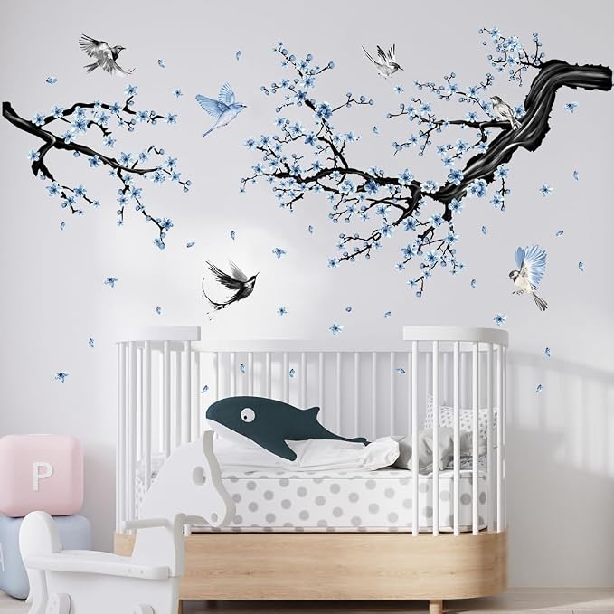Blue Floral Wall Sticker Hanging Flower Vine Room Decor Large Tree Branch Wall Decals Peel and Stick Birds Wall Stickers for Bedroom Living Room - Image 4