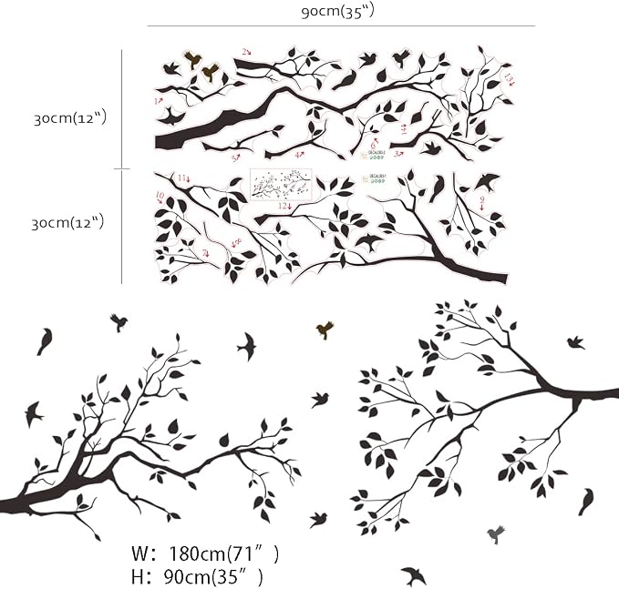 Runtoo Tree Branch Wall Art Decals Black Birds Leaves Wall Stickers for Bedroom Living Room Nursery Wall Decor - Image 4