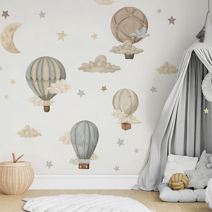 Watercolor Hot Air Balloon Fabric wall Sticker Peel and Stick Stars Clouds Decals for Baby Nursery Kids Bedroom Playroom Decor - Image 4
