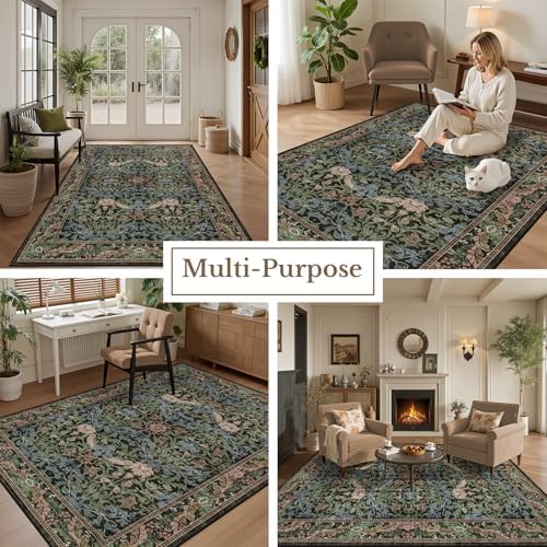 Area Rug 9x12 Living Room: Soft Floral Washable Carpet Brown Green - Image 5