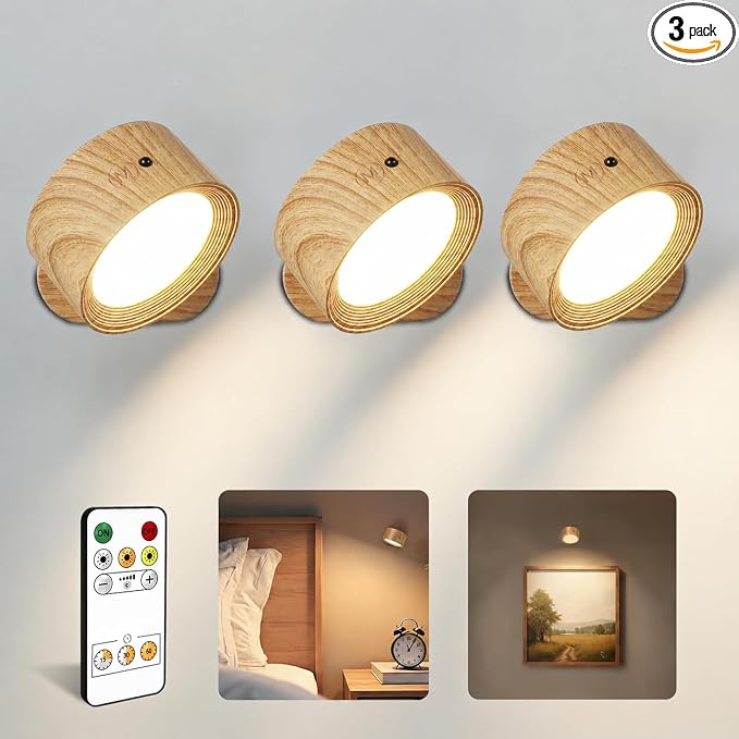 LED Wall Lights, Battery Operated Wall Sconce, Wood, 3 Pack | Rechargeable, Cordless Design, 3 Color Temps, Dimmable, 360° Rotation, Remote & Touch, Bedroom & Living Room by AMETHEUS