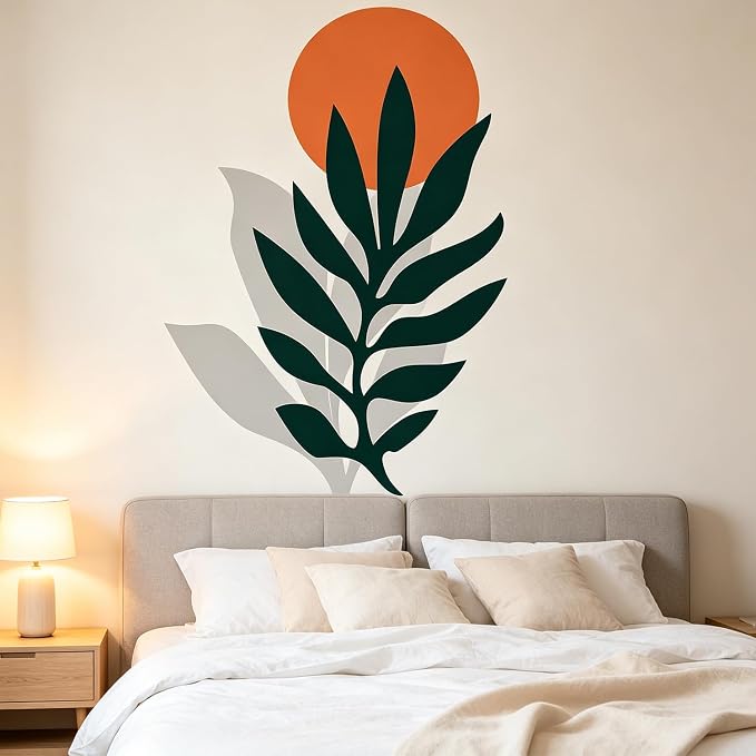 Floral Flower Orange Sun Boho Peel and Stick Wall Decor Decals Art | Botanical minimalist palm tree leaves removable vinyl wall stickers mural decoration for bedroom living room classroom office - Image 6
