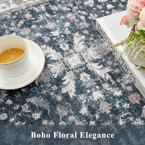 Kitchen Rug Sets 4-Piece with Runner – Washable Non-Slip Floor Mats for Sink, Entryway, Hallway, Bathroom – Soft Low-Pile Thin Boho Floral Rugs, New Home Decor (Blue, 2x3+2x4+2x5+2x6) - Image 7