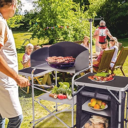 CampLand Folding Camping Kitchen Table with Windscreen,Portable Outdoor Cooking Station with Storage Cabinet & Side Tables Heavy Duty Camp Cook Station for Camping & BBQ (Black) - Image 2