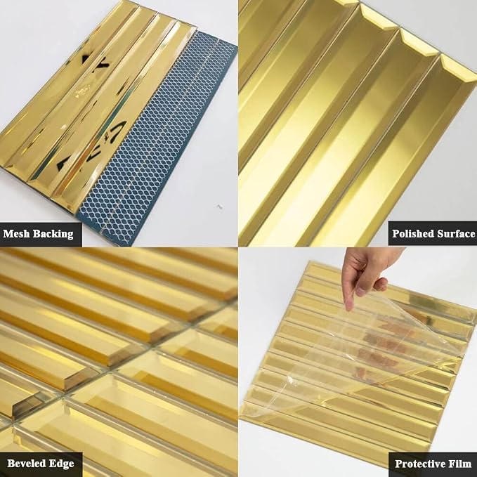 Diflart Beveled Mirror Backsplash Tiles for Kitchen, Gold Strip, 12x12 Inch, Mirror TIile for Bathroom Accent Wall, Pack of 5 Sq.ft - Image 4