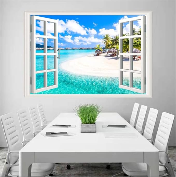 Self-Adhesive Wall Sticker Romantic Living Room Bedroom Study Office Decorative Wall Sticker Ocean Scenery Fake Window Sticker Mural (36"×48", Crescent Beach) - Image 3