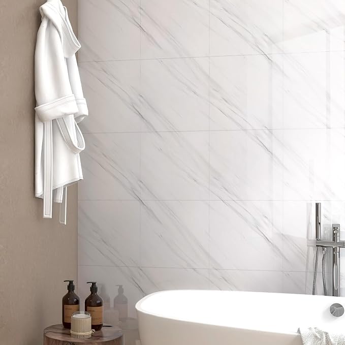 Chejiaye Shower Wall Panels Peel and Stick,Marble Wall Panels for Interior Decor,Backsplash Tile for Kitchen Showers Bathrooms Living Rooms 11.8"x11.8"in 10Pcs,White (Not Real Tile,9.7 Sq.ft) - Image 2