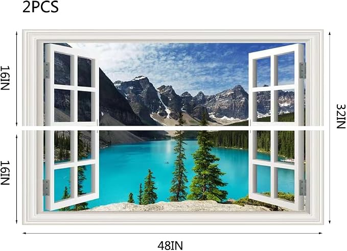 Fake Window Wall Decal-Mountains Lake View Open Wall Sticker Decorations | Faux Window Natural Landscape Mural｜Stick and Peel Wall Decals｜Room Bedroom Office Decor｜48"x32",Set of 2 Sheet - Image 4