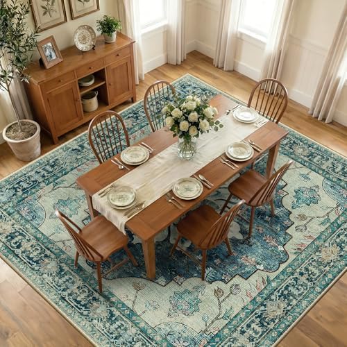 RELEANY Washable Area Rug, Square 10'x10', Blue/Vintage Dark Blue by RELEANY