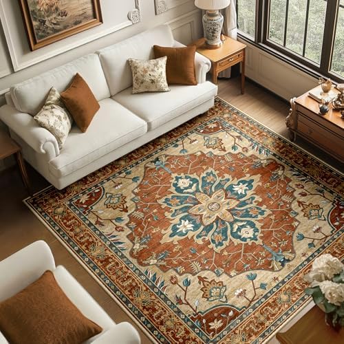 RELEANY Washable Area Rug, Square 6'x6', Red/Orange/Blue/Brown by RELEANY