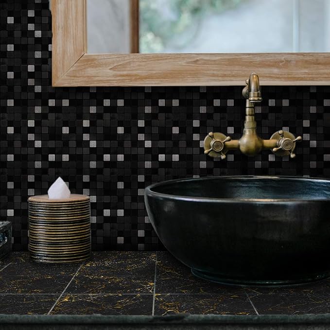 Alwayspon 25 Pcs Brushed Silver Peel and Stick Transfer, Water-Proof Wall Tile Sticker, Black Metallic Mosaic, 4x4inch by Alwayspon