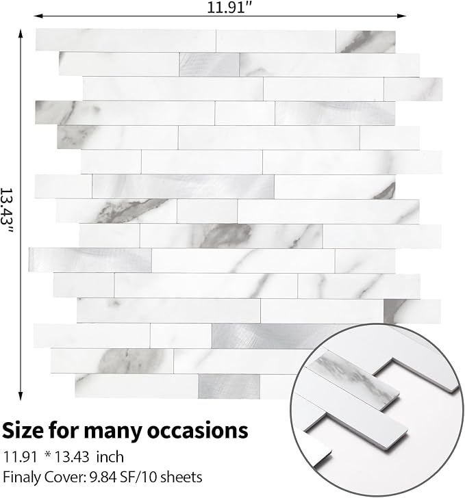Yipscazo 1 Sheet Peel and Stick Stone Metal Tile Backsplash, Stick on Tiles for Backsplash Kitchen, Bathroom, Laundry Room, Camper, Fireplace (12'' X 12'', Marble White Metal) - Image 5