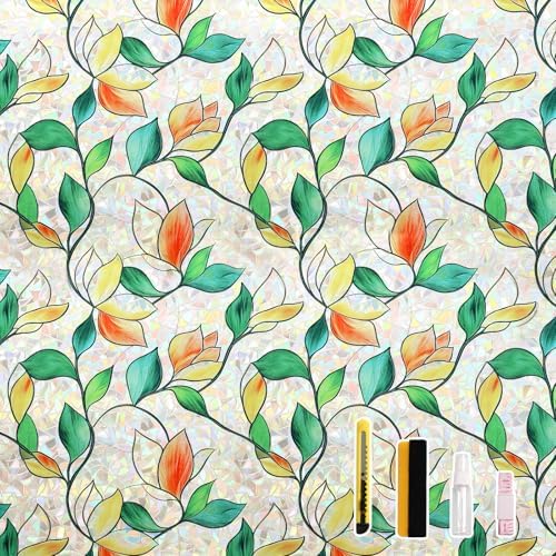 Finnez Window Privacy Film, Stained Glass Rainbow, Leaf, 23.6" x 157.4" by FINNEZ