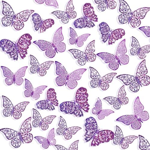 Bememo 72 Pieces 3D Butterfly Wall Decals Sticker Decal Wall Decor Art Decorative Sticker 3 Sizes for Room Offices Bedroom Bathroom Living Room Decor (K-pop Purple) by Bememo