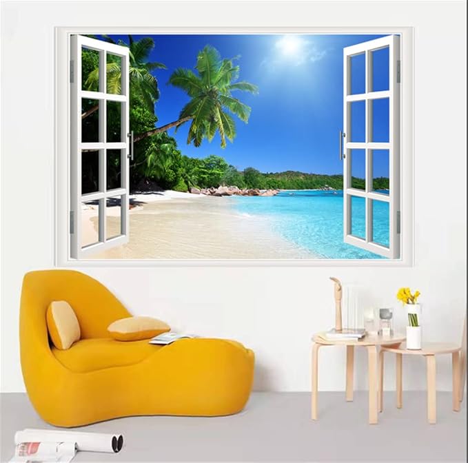 Self-Adhesive Wall Sticker Romantic Living Room Bedroom Study Office Decorative Wall Sticker Ocean Scenery Fake Window Sticker Mural (17.3"×27.6", Palm Beach) - Image 5