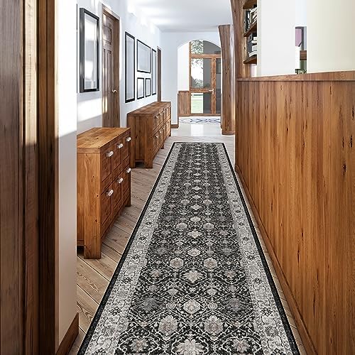 Hallway Washable Runner Rug - 2'6x12 Kitchen Rugs Entryway Rug Runner Vintage Soft Floor Mat Non Slip Indoor Farmhouse Carpet for Bathroom Living Room Bedroom (2'6''x12', Black) by HYHAOYUNLAI