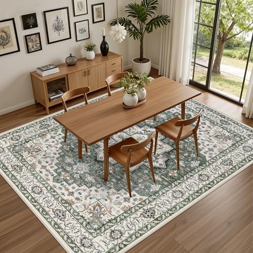 9x12 Area Rugs Living Room: Washable Rug for Bedroom Green Ivory - Image 5