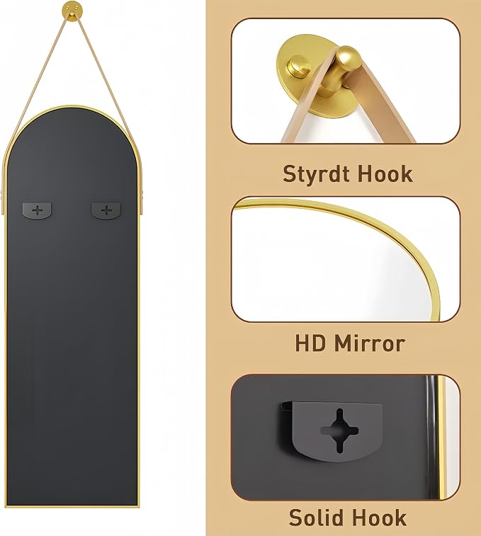 Dewfig 48"x16" Arched Full Length Mirror, Wall Mirror, Leather Strap, Gold - Image 6