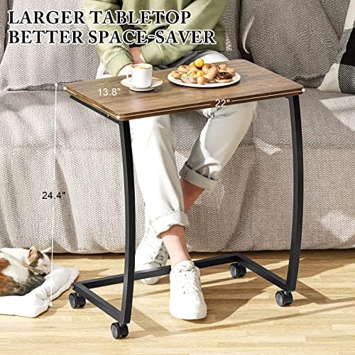 SRIWATANA Dark Walnut C Shaped Side Table with Wheels, Wood End Sofa Table - Image 7
