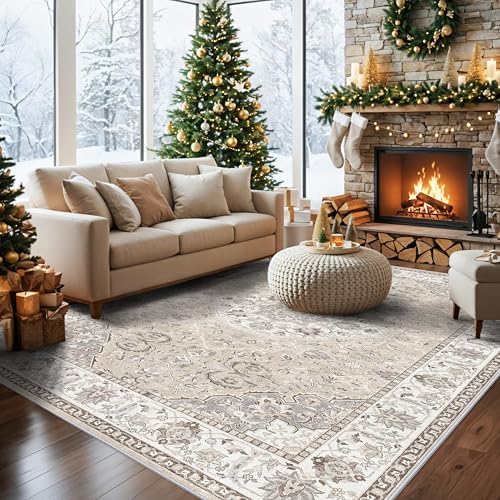 8x10 Living Room Rug for Family- Washable Oriental Stain Resistant Rugs for Bedroom Nursery Non Slip Ultra Soft Carpet for Dining Room Medallion Farmhouse Home Decor Floor Decoration Mat (8x10 Beige) - Image 4