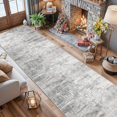 2'6x14 Abstract Kitchen Area Rugs: Farmhouse Washable Non-Slip Long Hallway Rug Soft Stain-Resistant Entryway Bathroom Floor Mat Low-Pile Nursery Living Room Bedroom Carpet(2'6x14,Light/Grey) - Image 4
