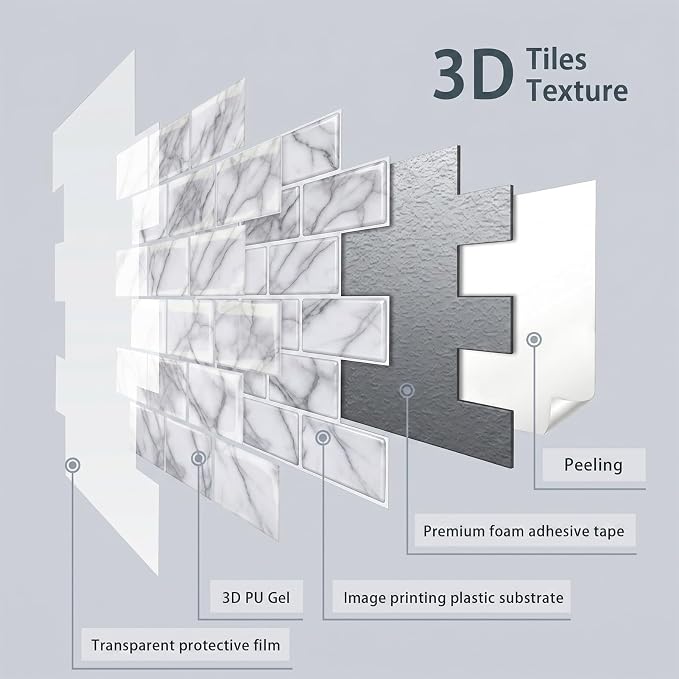 Arttown Peel and Stick 3D Wall Backsplash 10-Sheet, 12" × 12" Marble White | Subway Tile Self Adhesive Thicker Design Wall Tiles Panel Wallpaper for Kitchen Balcony Bathroom Rental Housing - Image 5