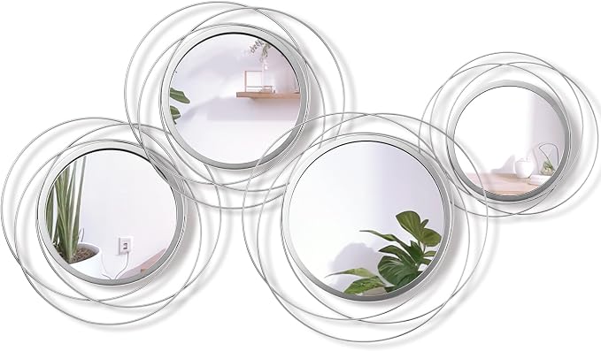 Hicarer 4 Pcs Decorative Wall Mirror Round Modern Mirror Circle Mirror Wall Art Ring Metal Mirror Wall Decor Wall Mounted Mirror for Bedroom Living Room Entryway Dining Room Hallway (Silver) - Image 2
