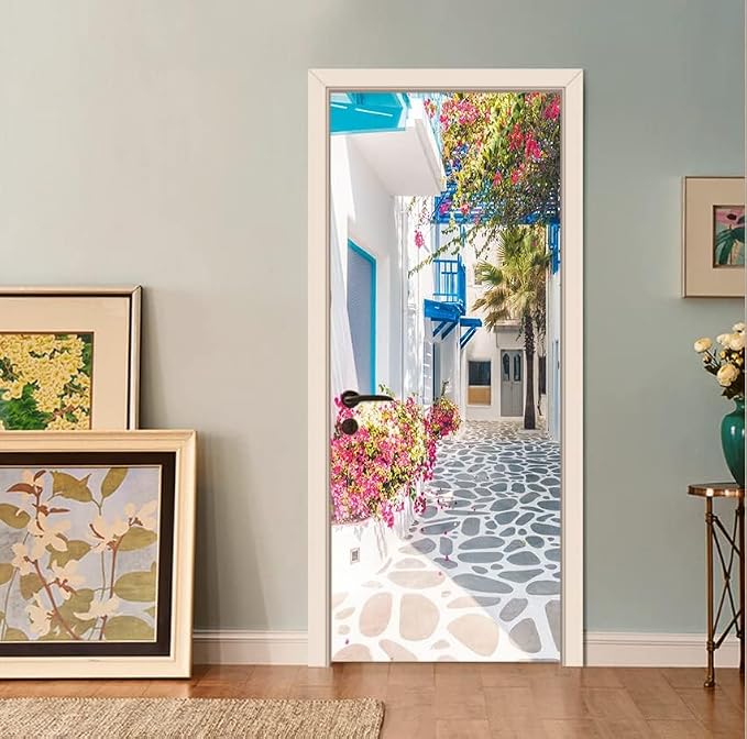 artfanke 3D Peel and Stick Door Sticker 30.3"x78.7"- Self-Adhesive Door Wallpaper Murals Decal-Romance Greek Street View Wall Poster for Home Decor (2 Sheets/Set) - Image 5