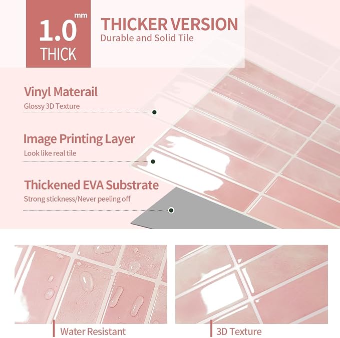 Peel and Stick Backsplash 3D Wall Tiles,Self-Adhesive,Oil Proof,Waterproof, Removable Wall Panels for Kitchen & Bathroom,Modern Design, Easy Install (10.7ft，12x9 inch,14 Pack) (Pink) - Image 3