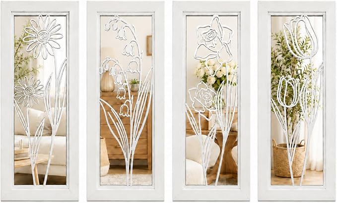 ZEXUIRU 4 Set Rustic Wall Mirrors for Bedroom Bathroom Living Room Entryway Wood Farmhouse Rectangular Easy to Hang Framed Decorative Accent Hanging Wall-Mounted Mirror Set for Living Room - White by ZEXUIRU