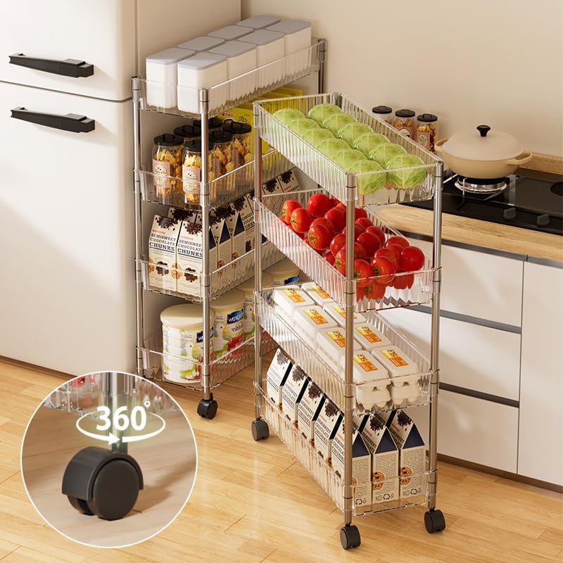 Sooyee Slim Rolling Storage Cart, 4 Tier, Clear - Image 3