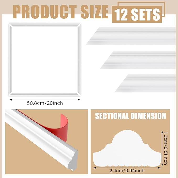 Colingmill Accent Wall Molding Kit Premade Panel,12set,20x20in | Wainscoting Panels, Peel and Stick, Wall Moulding, 3D, White, Pre Cut Picture Frame Trim, for Walls Home Decoration - Image 2