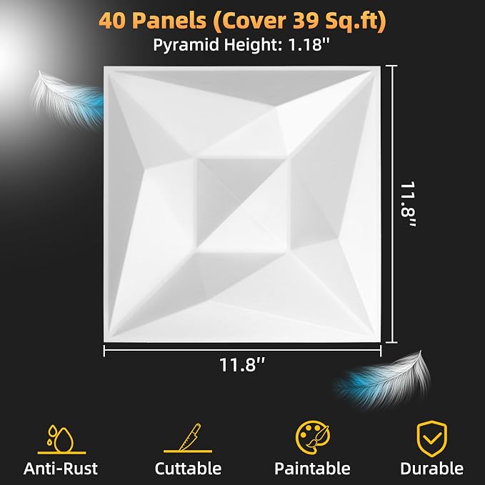 40 PCS 3D Wall Panels for Interior Décor White 11.8"*11.8" Wall Covering Panels，PVC Textured 3D Tile for Living Room，Bedroom DIY Interior Wall Décor - Image 2