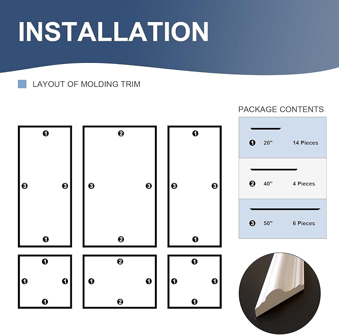 NeatiEase Peel and Stick Wall Molding Kit 6-Frame Pre-Made, Ready-to-Assemble Wall Moulding Panel Frame, Self-Adhesive Wainscoting Panels Wall Trim for Interior Walls Home Decor (50"x40",50"x20") - Image 2