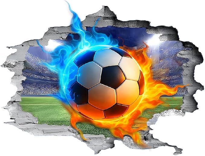 SUPERDANT 3D Soccer Wall Sticker Flame Football Break Through Wall Decal Peel and Stick Vinyl Art Mural for Boys Kids Room Bedroom Livingroom Playroom Home Nursery Decoration Gifts - Image 3