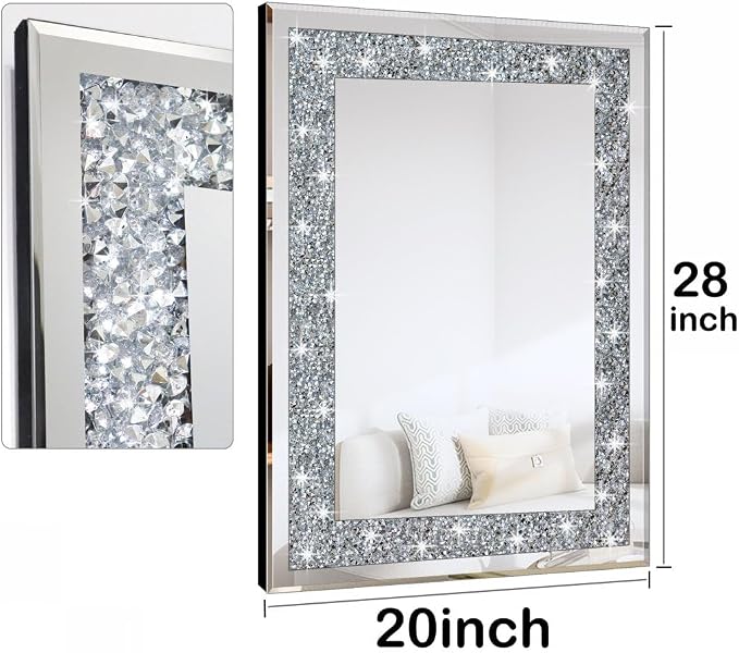 QMDECOR Crystal Crush Diamond Rectangle Silver Mirror for Wall Decoration 20x28inch Wall Hang Frameless Mirror Glass Diamond Decor. - Image 4