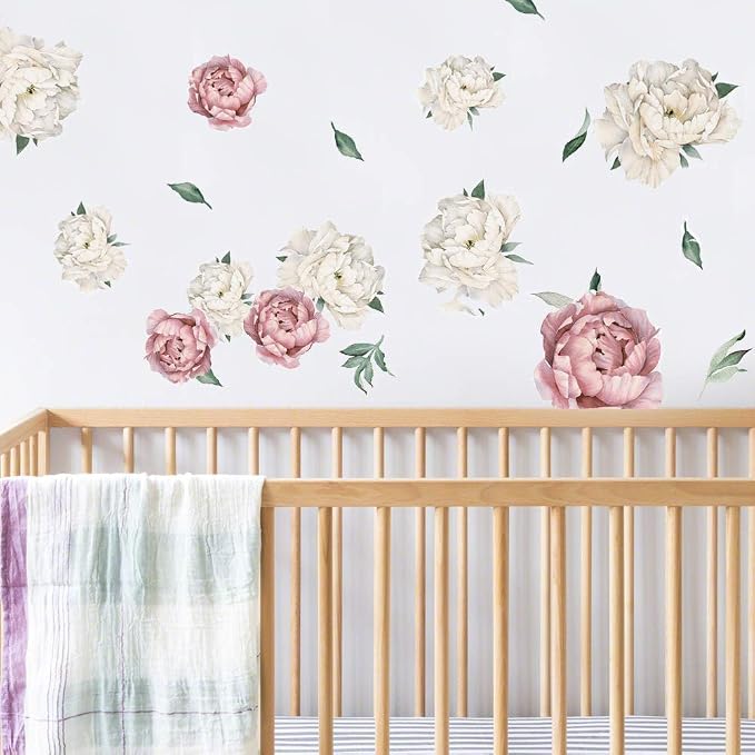Peony Watercolor Wall Decals (Vintage Pink Watercolor) - Botanical Decor Sticker Flowers - Floral Bedroom Decals for Girls Room - Soft Flower Peonies Wall Decor Bedroom with Test Sample - Image 3