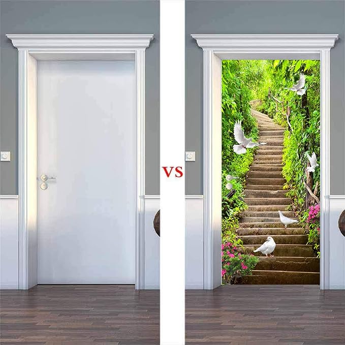 artfanke 3D Peel and Stick Door Sticker 33.5"x84.6"- Self-Adhesive Door Wallpaper Murals Decal-Green Forest Doves Wall Poster for Bedroom Home Decor (2 Sheets/Set) - Image 2
